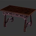 Traditional Wooden Table With Dark Brown Surface And Carved Legs Two Drawers