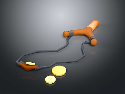 Orange And Black Slingshot With Rubber Band And Yellow Marbles Design 3d model