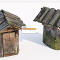 Rustic Wooden Cabins with Weathered Shingle Roofs and Tree Trunk Bases Covered in Moss