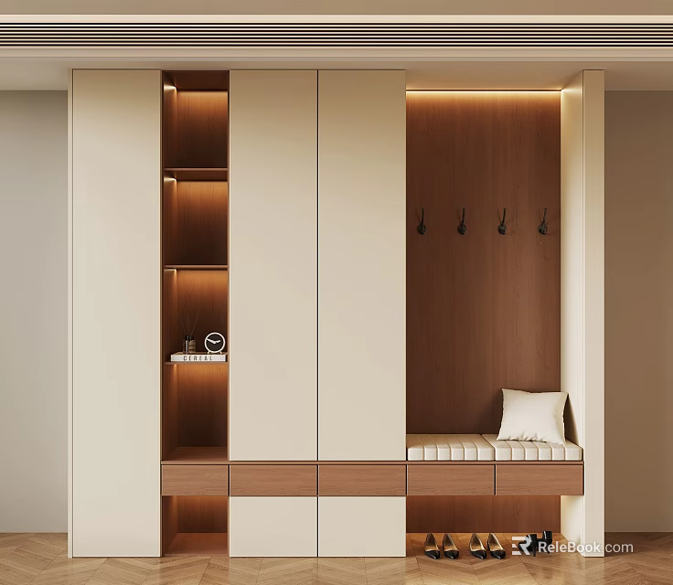 Modern Wooden Shoe Cabinet With Storage Hooks Bench And Lighting Design 3d model 