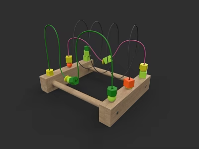 Interactive Wooden Building Blocks Toy With Curved Wire Tracks And Colorful Beads For Kids 3d model