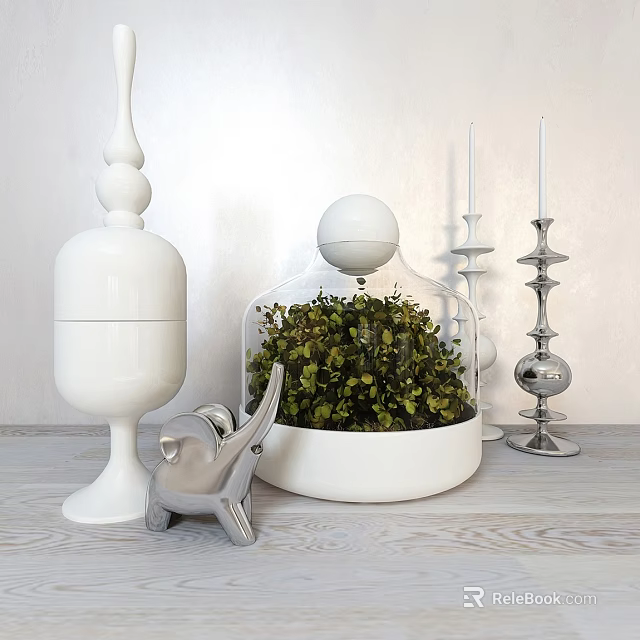 Modern Decorative Ornament Set With White Columns Glass Cloche Green Plant Silver Elephant Candle Holders 3d model 