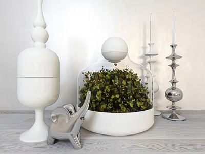 Modern Decorative Ornament Set With White Columns Glass Cloche Green Plant Silver Elephant Candle Holders 3d model