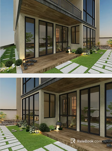 Modern Single Family House Exterior With Glass Windows Wooden Deck Stone Pathway And Green Plants 3d model 