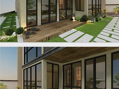 Modern Single Family House Exterior With Glass Windows Wooden Deck Stone Pathway And Green Plants 3d model