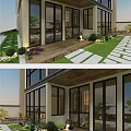 Modern Single Family House Exterior With Glass Windows Wooden Deck Stone Pathway And Green Plants
