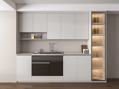 Modern Kitchen Interior With White Cabinets Glass Door High Cabinet Countertop And Appliances 3d model
