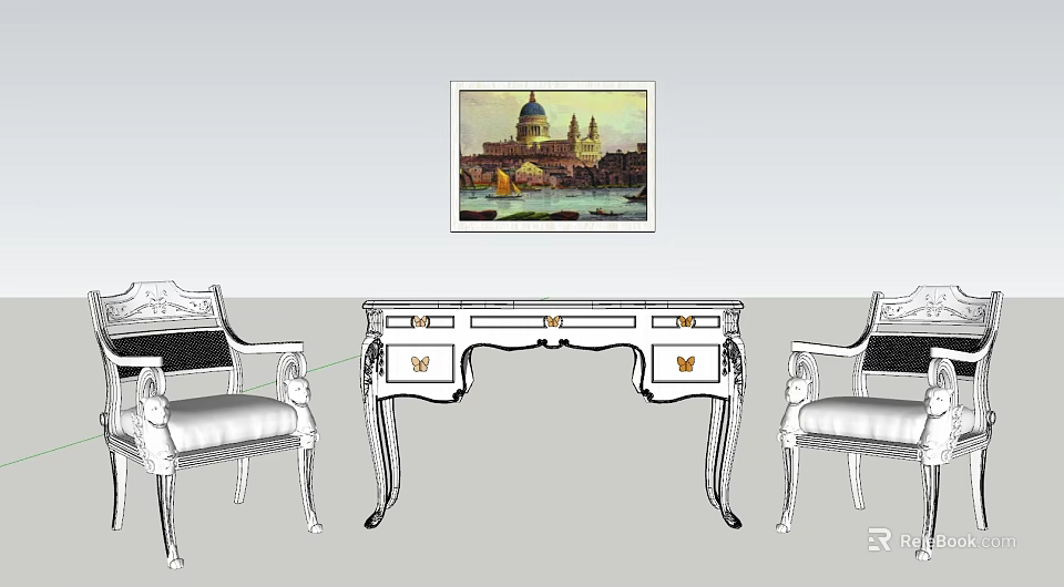 Classic Interior With White Desk And Chairs Set Carved Details And Wall Painting 3d model 