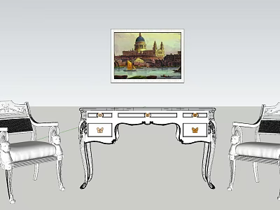 Classic Interior With White Desk And Chairs Set Carved Details And Wall Painting 3d model