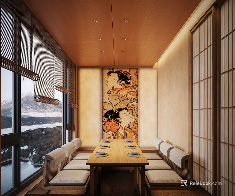 Japanese Restaurant Interior Featuring Long Wooden Table Ukiyo E Painting Shoji Screens And Mountain View 3d model 