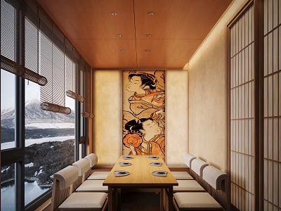 Japanese Restaurant Interior Featuring Long Wooden Table Ukiyo E Painting Shoji Screens And Mountain View 3d model