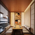 Japanese Restaurant Interior Featuring Long Wooden Table Ukiyo E Painting Shoji Screens And Mountain View