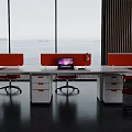 Modern Office Desk Setup With White Tabletop Orange Partitions Black Chairs And Sea View Windows
