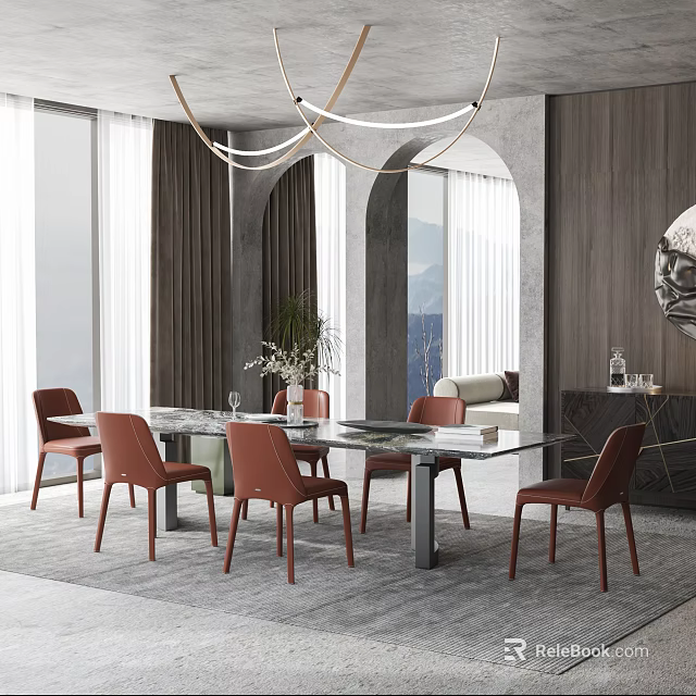 Modern Elegant Restaurant Interior With Dining Table Red Chairs Arch Design And Plants 3d model