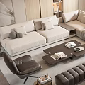 Modern Light Beige Fabric L Shaped Sofa With Dark Coffee Table Accent Chairs And Ottoman