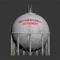 Spherical Industrial Storage Tank With Metal Support Structure And Red Labeling
