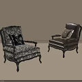 Classic Armchairs Patterned Fabric And Brown Leather With Wooden Arms Legs And Decorative Pillows