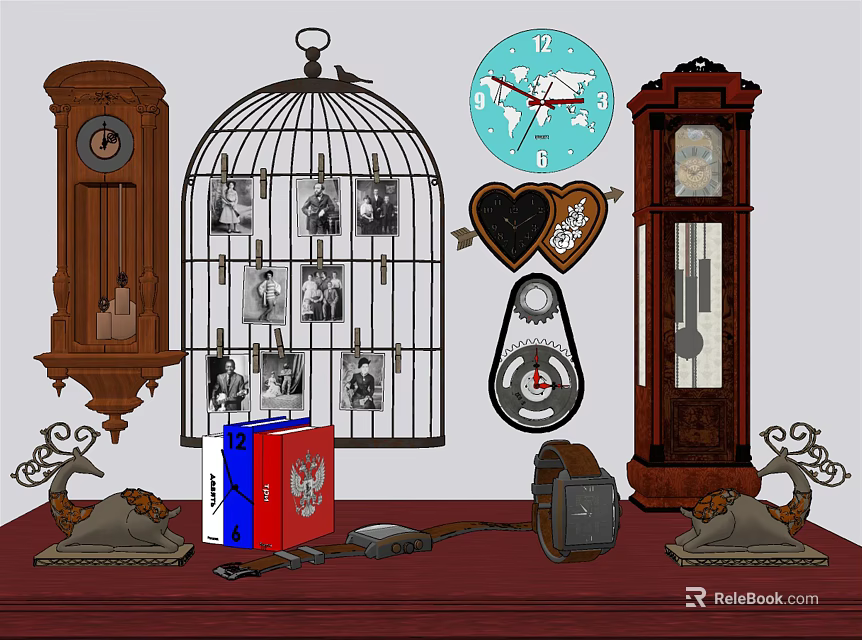 Vintage Decorative Ornament Set With Birdcage Clocks Heart Decor And Books 3d model 