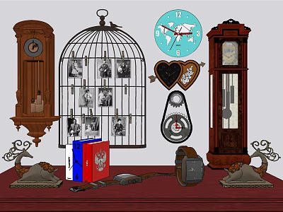 Vintage Decorative Ornament Set With Birdcage Clocks Heart Decor And Books 3d model