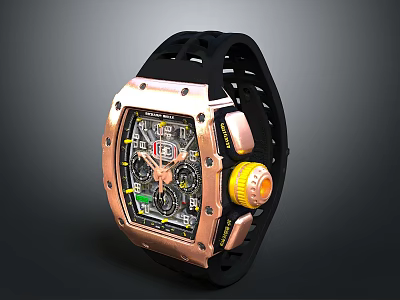 Stylish Square Dial Watch With Rose Gold Bezel Black Perforated Rubber Strap And Yellow Crown 3d model