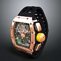 Stylish Square Dial Watch With Rose Gold Bezel Black Perforated Rubber Strap And Yellow Crown