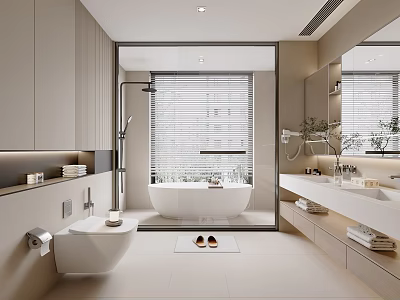 Elegant Modern Bathroom Interior With Freestanding Bathtub Double Vanity And Large Mirror 3d model