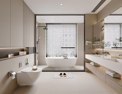 Elegant Modern Bathroom Interior With Freestanding Bathtub Double Vanity And Large Mirror 3d model