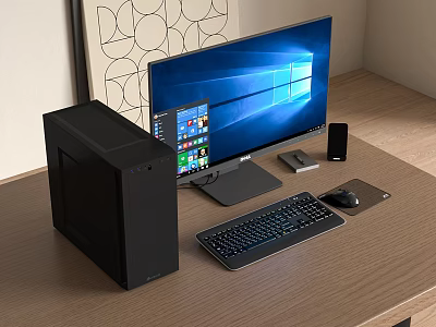 Modern Desktop Computer Setup With Tower Monitor Keyboard Mouse And Wooden Desk 3d model