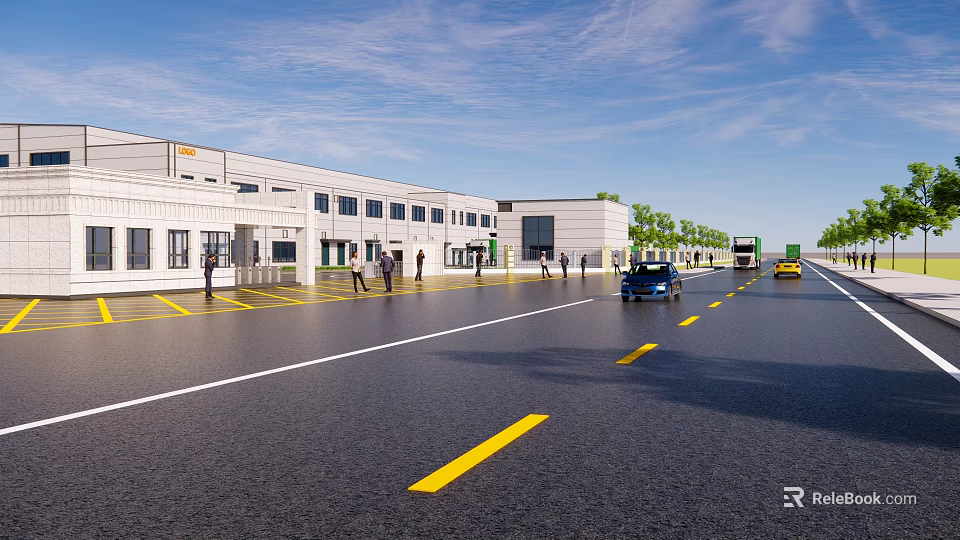 Modern Industrial Factory Exterior With Wide Road Parked Vehicles And Green Trees 3d model 