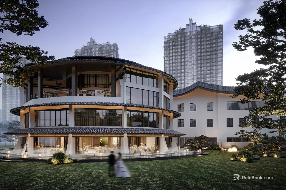 Modern Architectural Exterior Wall With Circular Structure Large Glass Windows And Traditional Tile Roof 3d model 