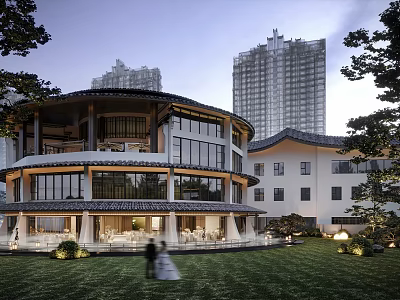 Modern Architectural Exterior Wall With Circular Structure Large Glass Windows And Traditional Tile Roof 3d model