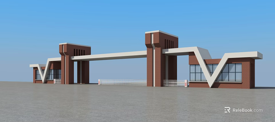 Modern Entrance Gate With Red Brick Structure White Railings And Blue Sky 3d model 