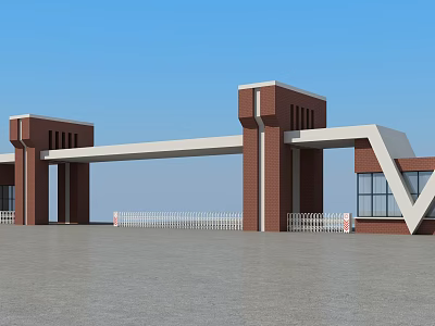 Modern Entrance Gate With Red Brick Structure White Railings And Blue Sky 3d model