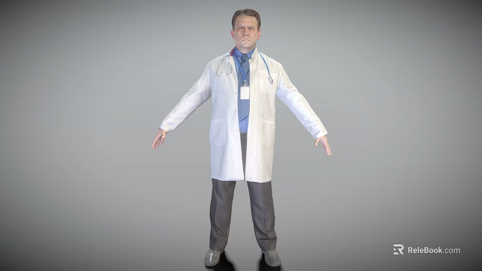 Male Doctor Wearing White Coat With Stethoscope And ID Badge In Standing Posture 3d model 