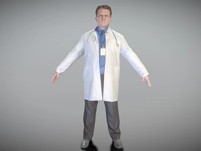Male Doctor Wearing White Coat With Stethoscope And ID Badge In Standing Posture 3d model