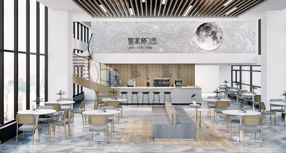 Modern Bubble Tea Shop Interior Design With Bar Counter Tables Chairs And Moon Decor 3d model 