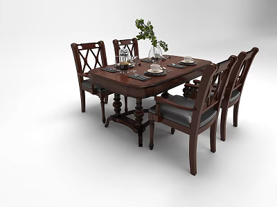 Classic Wooden Dining Table Set With Vase Wine Glasses Tableware And Chairs 3d model