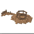 Architectural Model of Historical Building with Octagonal Structure and Wooden Components on Scattered Platform Base