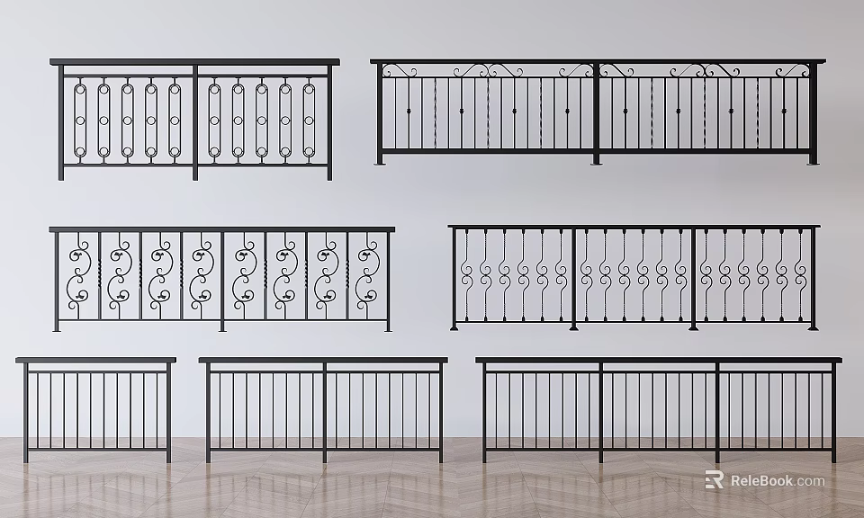 Various Decorative Metal Railings Featuring Intricate Patterns and Simple Design Styles 3d model 