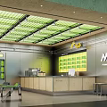 Modern Milk Tea Shop Interior With Green Ceiling Wooden Counter And Cozy Seating Area