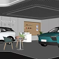 ENOVATE Car Showroom Displaying White And Blue SUV Vehicles With Modern Interior Design