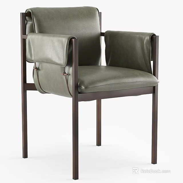 Olive Green Leather Accent Chair With Modern Metal Frame And Comfortable Armrests 3d model 