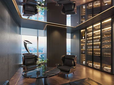 Elegant Modern Wine Cellar Lounge With Leather Chairs Wine Racks And City View 3d model