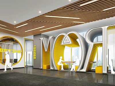 Modern Lounge Area Interior Design With Wooden Ceiling Yellow Accents And Silver Features 3d model
