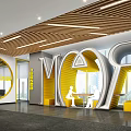 Modern Lounge Area Interior Design With Wooden Ceiling Yellow Accents And Silver Features