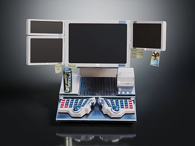 Cash Register With Multiple Screens Keyboard Soda Can Sticky Notes And 3d model