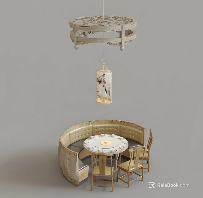 Elegant Dining Table Set With Round Table Circular Booth And Hanging Pendant Light 3d model