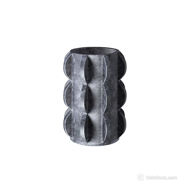 Gray Ceramic Vessel with Cylindrical Shape and Sculpted Grooves for Modern Decorative 3d model 