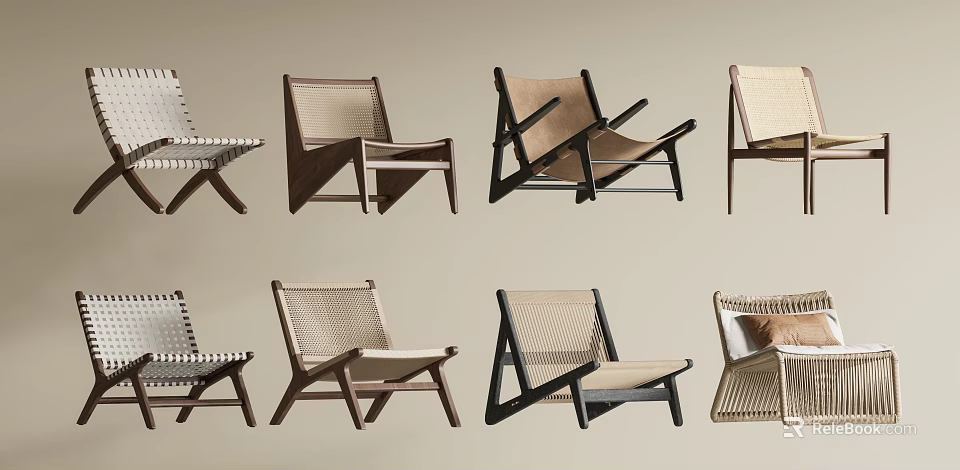 Stylish Leisure Chairs Collection With Woven Seats And Wooden Frames In Neutral Tones 3d model 