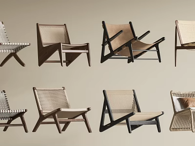 Stylish Leisure Chairs Collection With Woven Seats And Wooden Frames In Neutral Tones 3d model
